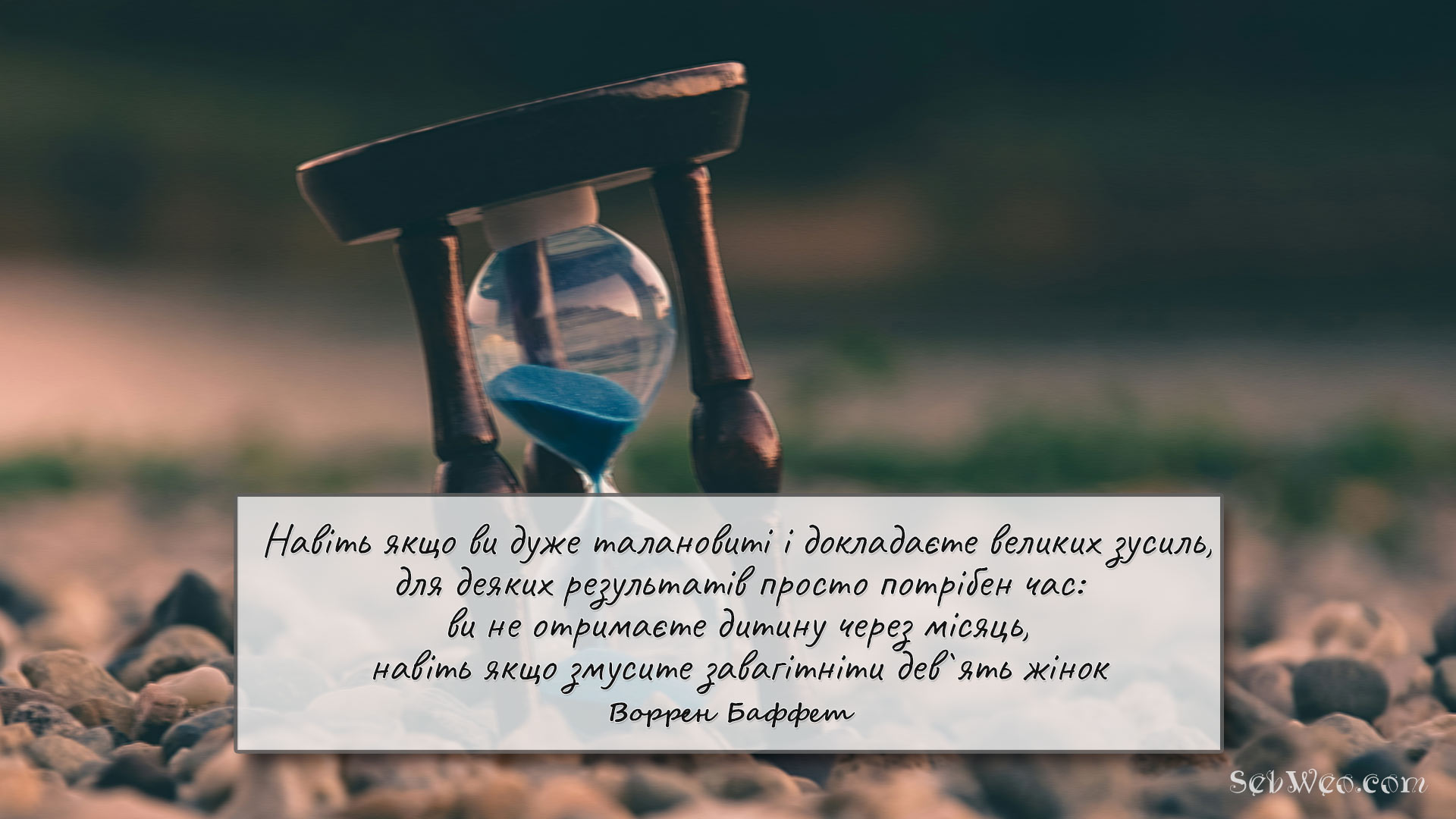 Навіть якщо ви дуже талановиті і докладаєте великих зусиль, для деяких результатів просто потрібен час: ви не отримаєте дитину через місяць, навіть якщо змусите завагітніти дев`ять жінок → Воррен Баффет